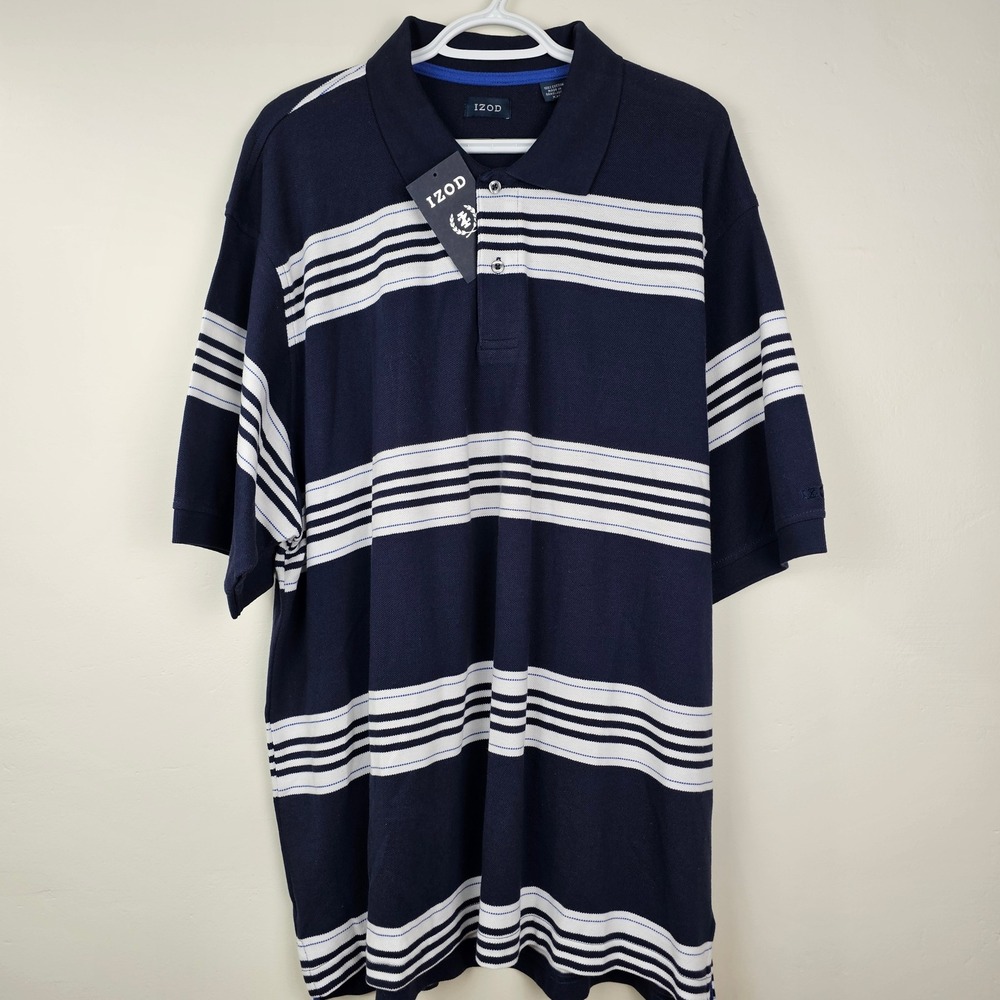 IZOD Polo Shirt Mens XXL Navy Blue Striped Pique Short Sleeve Casual